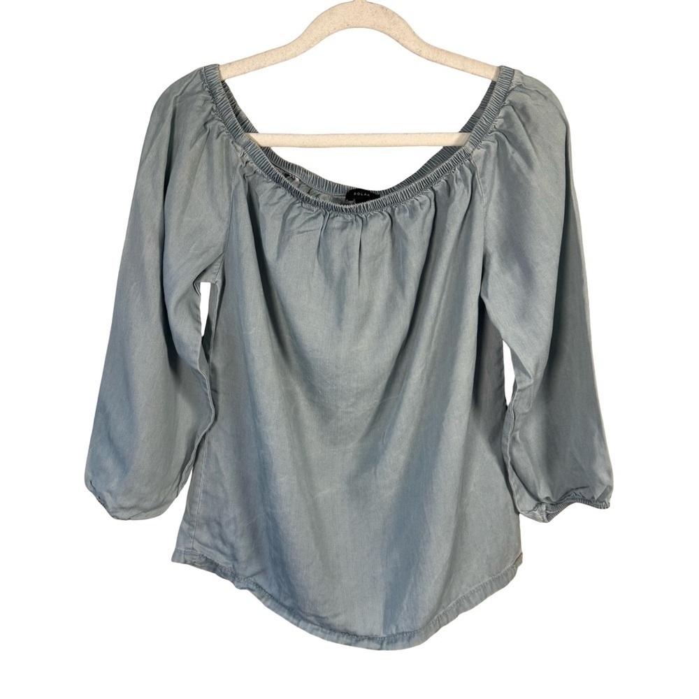 Solar Chambray Blue Off-Shoulder Boho Peasant Blouse Size 34  XS S Lightweight
